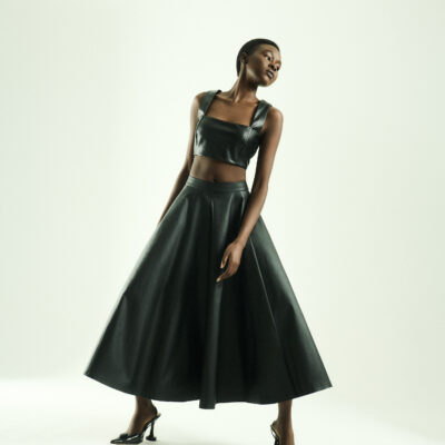 monique singh BLACK FAUX LEATHER FLARED SKIRT