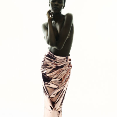 LONG LIQUID BRONZE DRAPED SKIRT