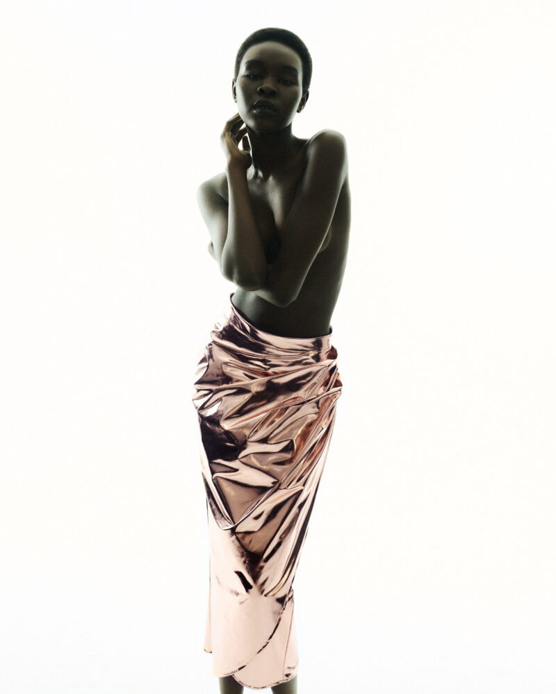 LONG LIQUID BRONZE DRAPED SKIRT